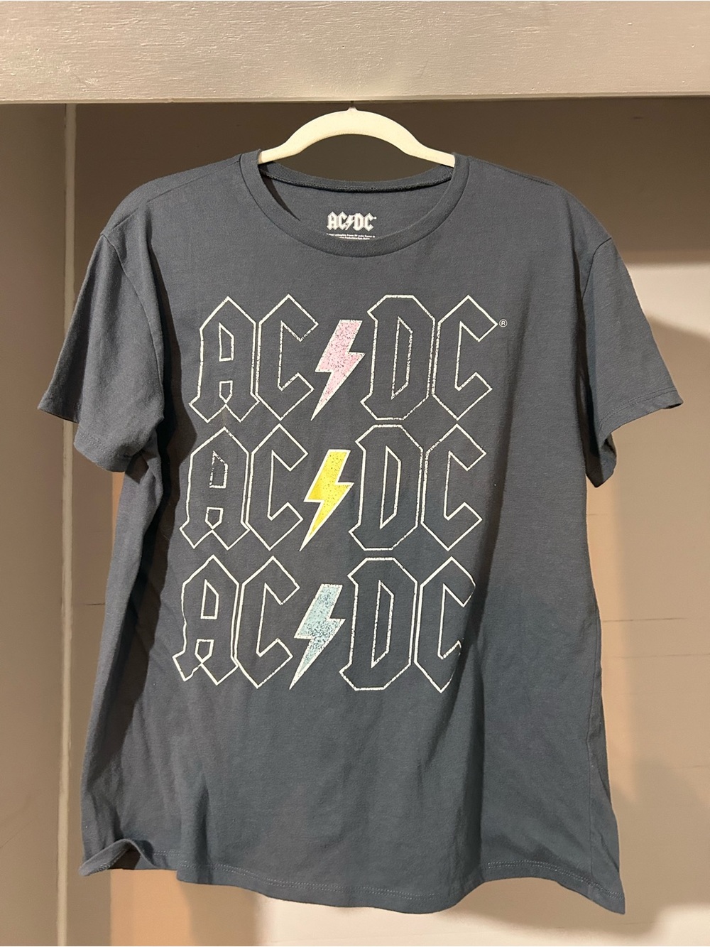 AC/DC Black Short Sleeve Tee with Pink, Yellow & Light Blue Lightning